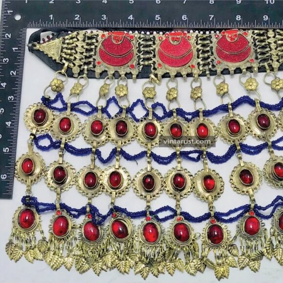 Red Choker Necklace, Vintage Layered Oversized Necklace With Red Glass Stones, - Picture 8 of 10